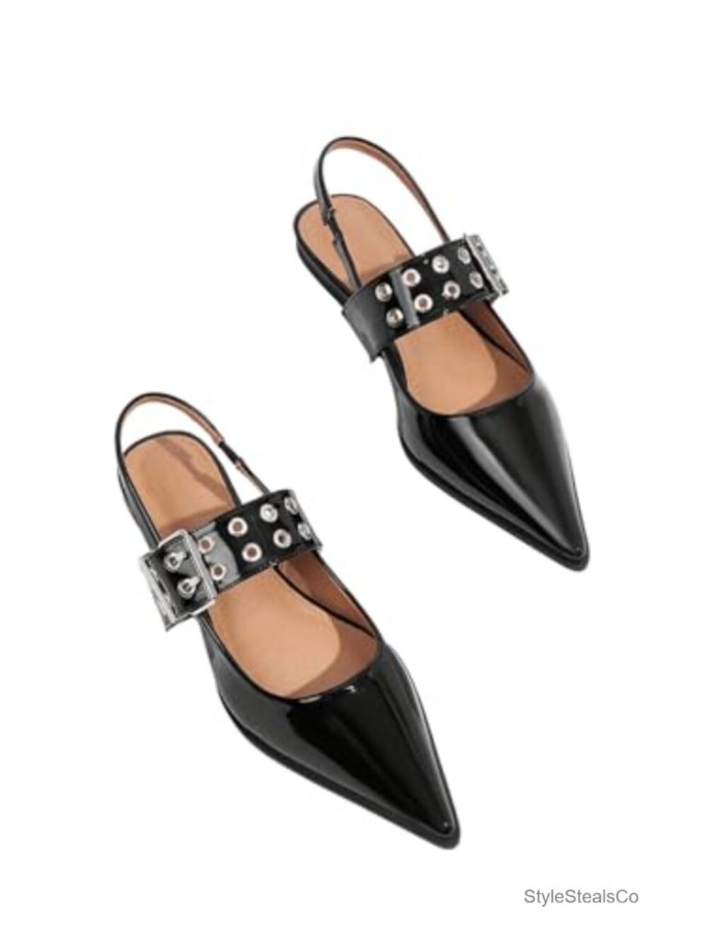 Faux Leather Slingback Flats Buckled Strap Pointed Toe Ballet Shoes